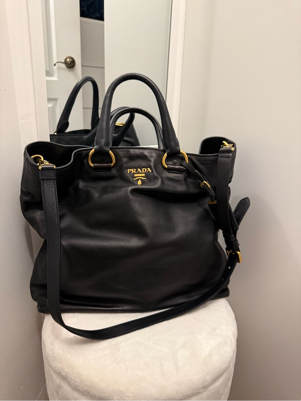 Prada Black Leather Tote with Gold Hardware and Shoulder Strap